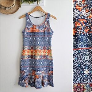 Xica Urbana Blue & Orange Tile Print Cotton Fit Flare Dress Made in Brazil, Rare